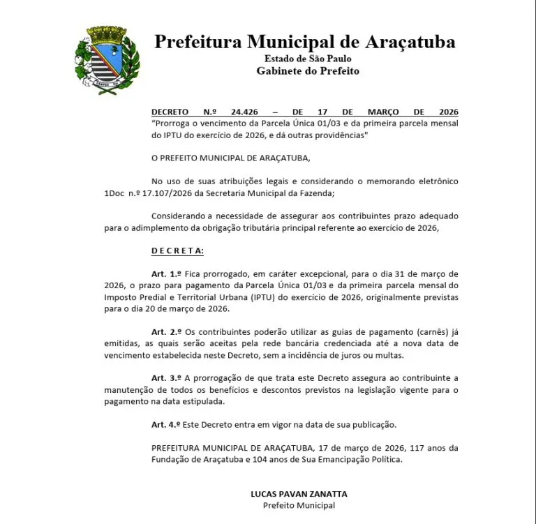 Araçatuba prorroga prazo da primeira parcela do IPTU até 31 de março