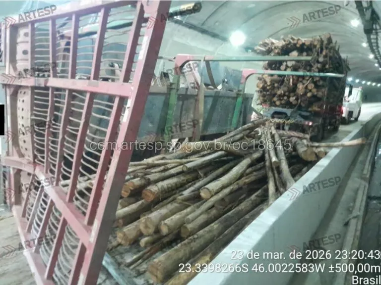 Caminhão carregado com madeira tomba e interdita a Carvalho Pinto, em Jacareí