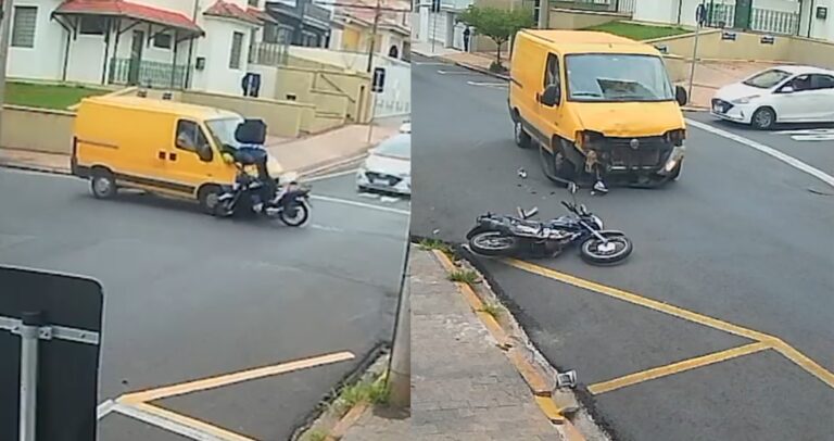 Motociclista ‘fura’ o pare, colide com van e fica em estado grave após ser arremessado