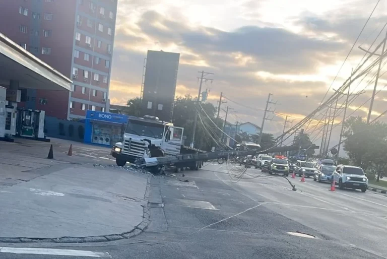 Caminhão colide e derruba poste na entrada de Santos; via fica interditada