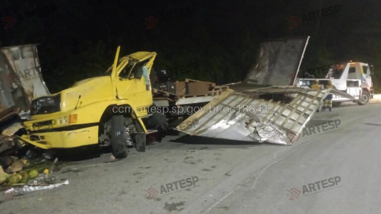 Caminhão perde freio, bate em barreira e tomba na Tamoios em Paraibuna