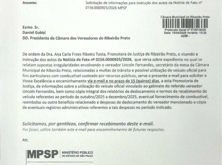 MP abre procedimento para investigar uso de carro oficial por vereador de Ribeirão Preto