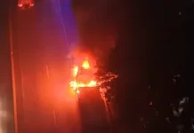 Caminhão carregado com pisos é atingido por incêndio em rodovia de Guarujá