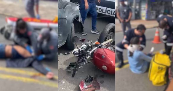 Motociclista e garupa “voam” após batida contra carro