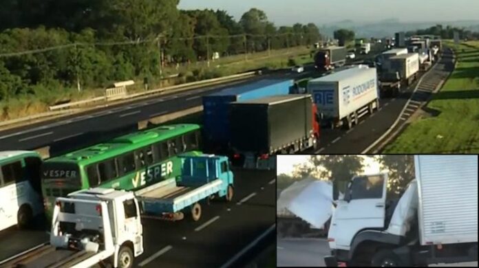 Colisão entre caminhões trava Rodovia Anhanguera entre Americana e Limeira
