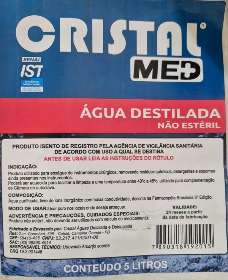 Vigilância Sanitária orienta suspensão de água destilada da marca Cristal Med em Campina Grande