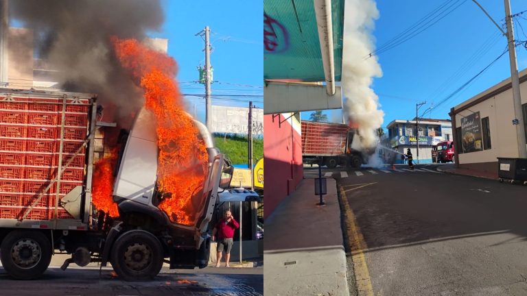 Caminhão que transportava frangos tem pane elétrica e pega fogo em Itapira; vídeo