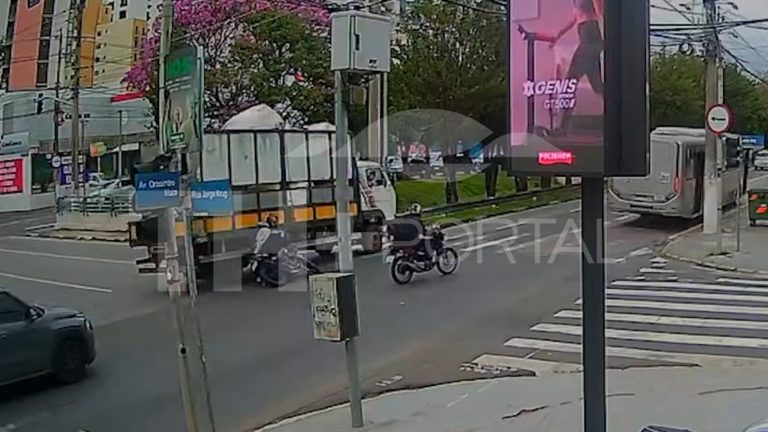 Motociclista é fechado, cai e quase é atropelado por um caminhão na Av Orosimbo Maia em Campinas