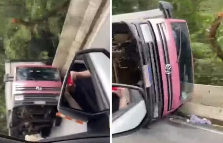 Caminhão tomba e causa interdição parcial na Rodovia Oswaldo Cruz, em Ubatuba