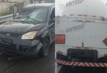 Carro colide em traseira de caminhão em rodovia de Mongaguá e interdita alça total de acesso