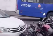 Ônibus colide com carro e atinge mais três veículos em Santos
