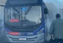 Falha elétrica causa incêndio em ônibus e assusta passageiros em São Vicente