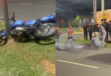 Motociclista perde o controle após ser fechado e bate em poste