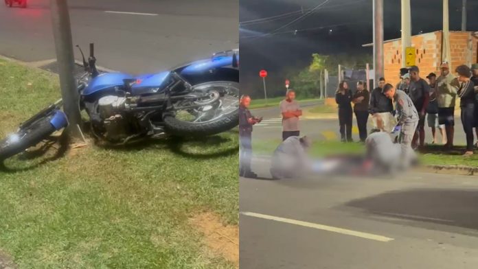 Motociclista perde o controle após ser fechado e bate em poste Motociclista perde o controle após ser fechado e bate em poste
