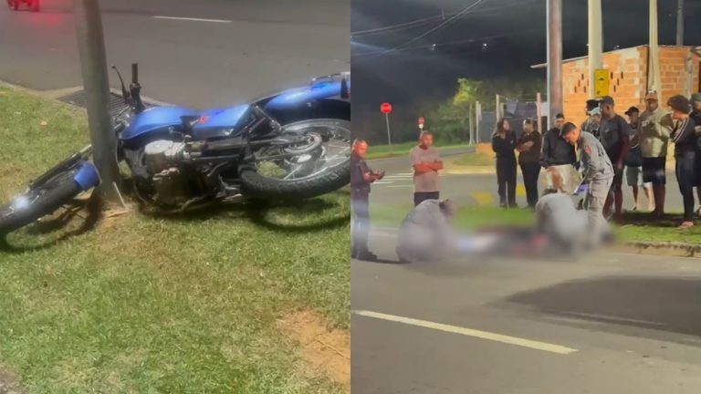 Motociclista perde o controle após ser fechado e bate em poste