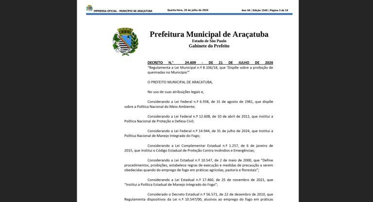 Decreto municipal regulamenta lei que proíbe queimadas em Araçatuba