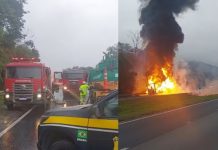 Incêndio atinge carreta carregada com 25 mil litros de óleo e faixas da Rodovia Régis Bittencourt são interditadas