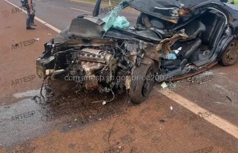 Batida frontal entre carro e caminhão mata um e interdita rodovia em Cravinhos