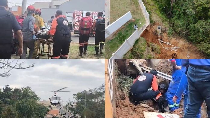 Muro de condomínio desaba durante obra e deixa dois trabalhadores feridos Muro de condomínio desaba durante obra e deixa dois trabalhadores feridos