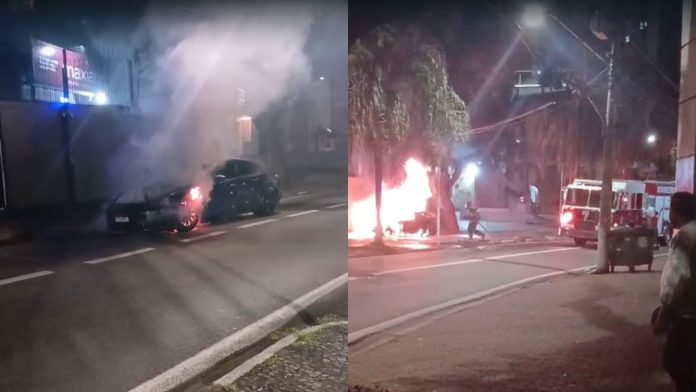 Porsche pega fogo durante a madrugada na Rodovia Anchieta