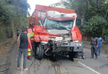 Caminhão sofre pane em sistema de freios e colide com traseira de carreta na Rodovia Anchieta, em Cubatão