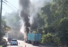 Incêndio atinge cabine de caminhão na Rodovia Cônego Domênico Rangoni, em Cubatão
