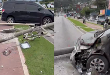 Vento causa querda de poste em cima de carro na Avenida Martins Fontes, em Santos