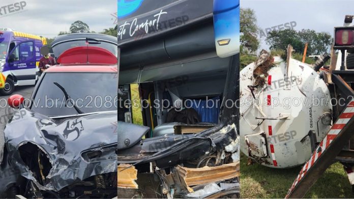 Acidente com ônibus, caminhão e carro deixa cinco feridos na Rod. dos Bandeirantes