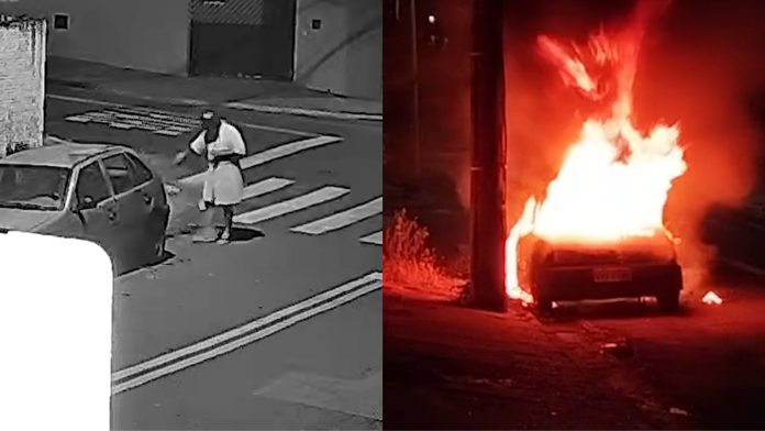 De roupão, indivíduo incendeia carro durante a madrugada no Jardim das Bandeiras em Campinas