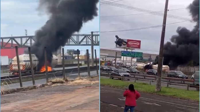 Caminhão-tanque carregado com álcool pega fogo na Anhanguera Caminhão-tanque carregado com álcool pega fogo na Anhanguera