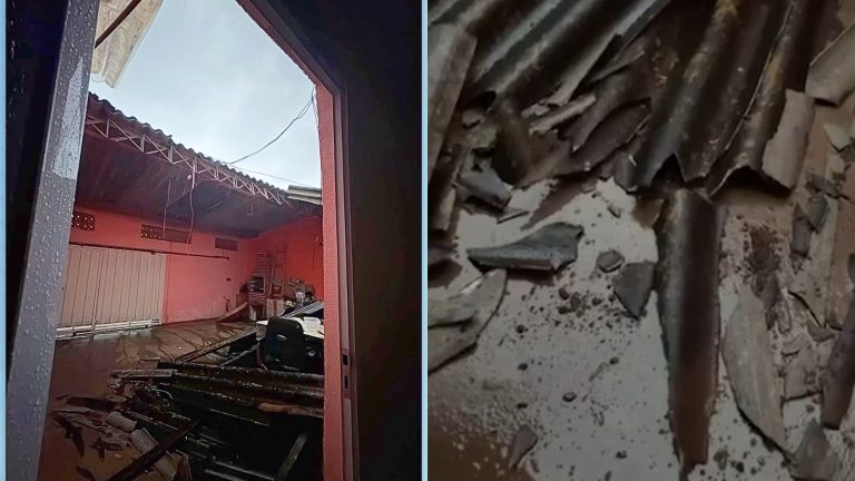 Raio atinge telhado de casa durante temporal na Vila Olímpia, em Campinas