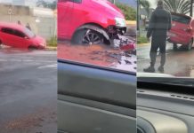 Carro afunda em cratera escondida pela água e assusta motorista