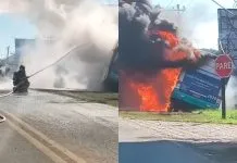 Ônibus desce barranco e pega fogo às margens da Santos Dumont