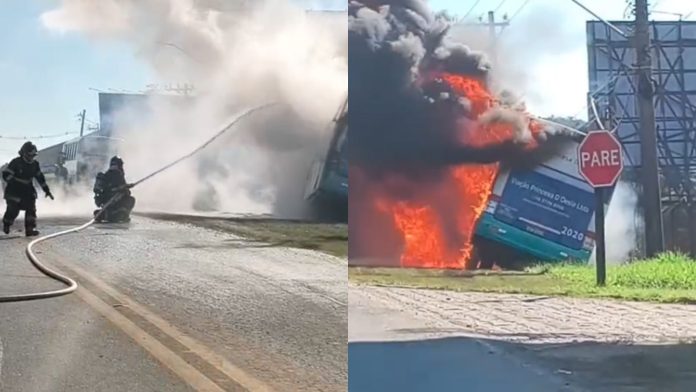 Ônibus desce barranco e pega fogo às margens da Santos Dumont