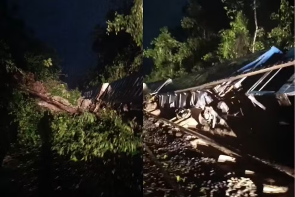 TREM TOMBA SV Trem descarrila e tomba seis vagões em São Vicente