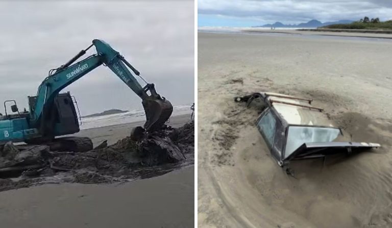 Carro soterrado na praia é retirado e pode gerar multa até R$ 10.000,00