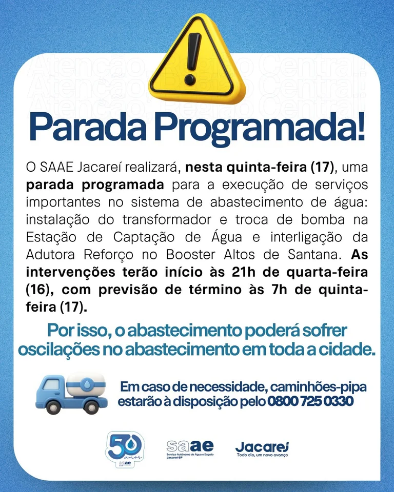Jacareí realiza parada programada e abastecimento de água pode sofrer oscilações