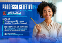 Prefeitura de Sete Barras, no Vale do Ribeira, abre processo seletivo com 22 vagas para contratação temporária de professores